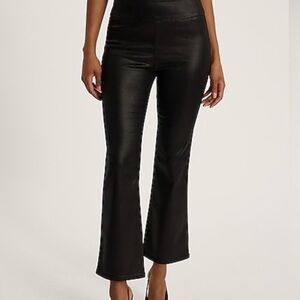 Express black cropped flare high rise flexx pull on pants. Shine coated.